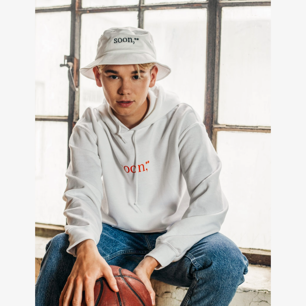 Soon,** basic white hoodie